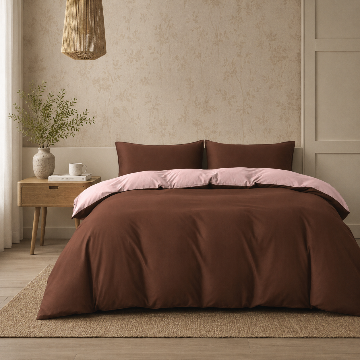 Vintage Cotton Quilt Cover Set in Chocolate and Soft Pink