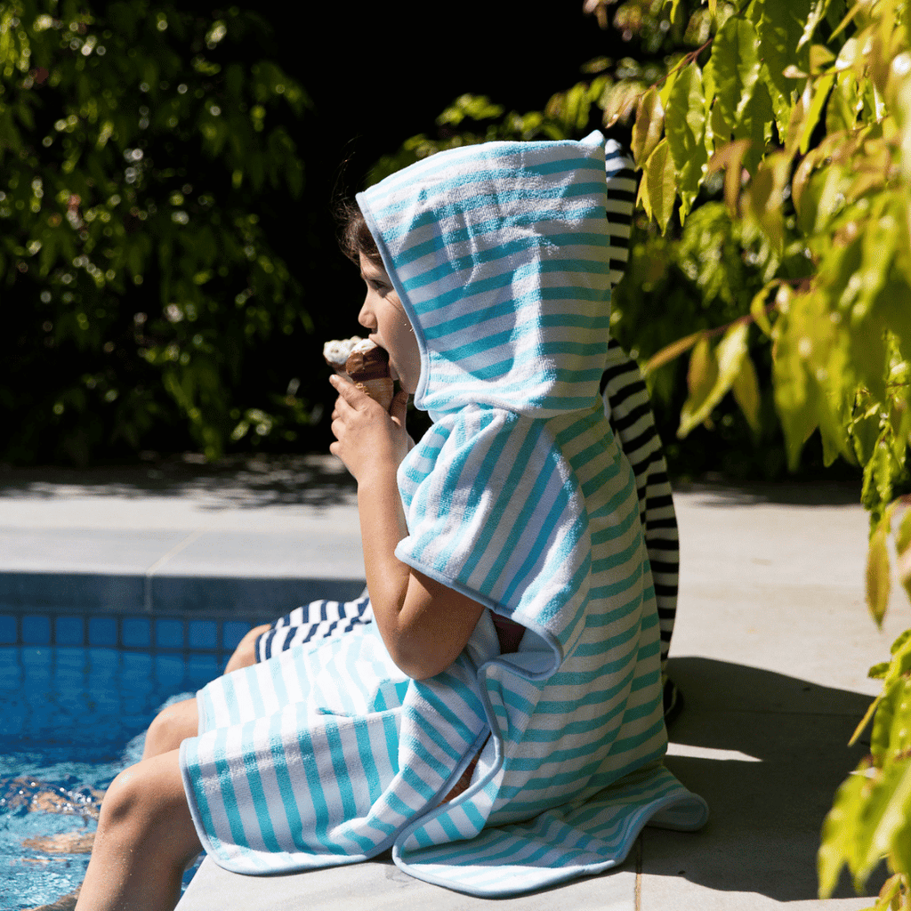 Kids Hooded Poncho Towel in Aqua Stripe