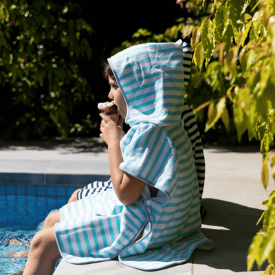 Kids Hooded Poncho Towel in Aqua Stripe