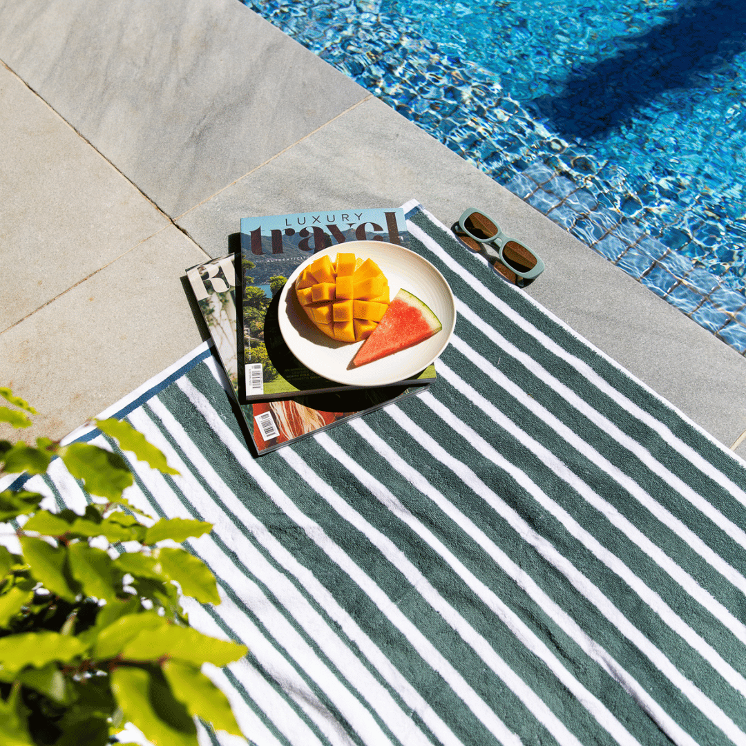 White Haven Cotton Terry Beach Towel in Green Stripe