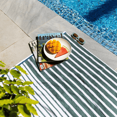 White Haven Cotton Terry Beach Towel in Green Stripe