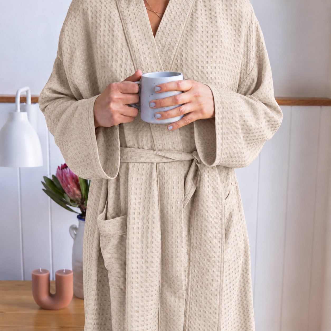 Bamboo Waffle Robe in Almond