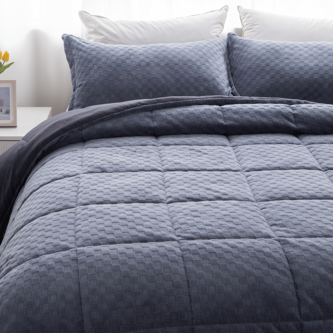 Checkered Plush Coverlet Set in Navy