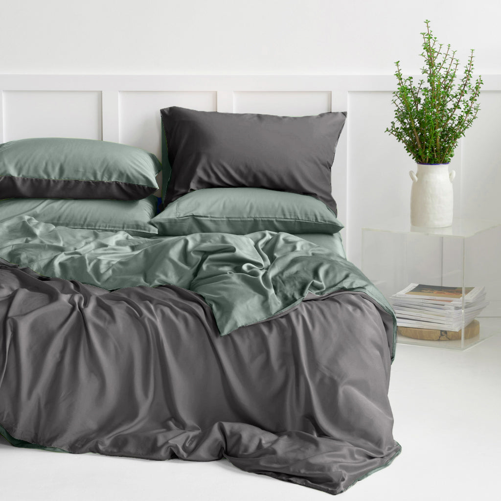 Organic Bamboo Reversible Quilt Cover Set - Graphite and Soft Sage