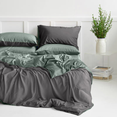 Organic Bamboo Reversible Quilt Cover Set - Graphite and Soft Sage