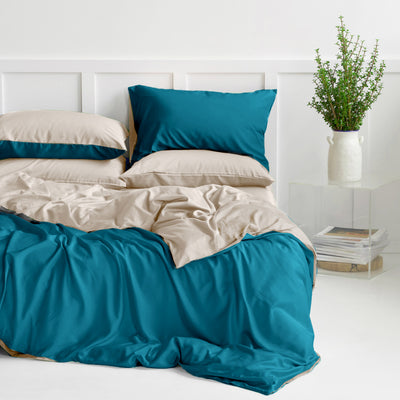Organic Bamboo Reversible Quilt Cover Set - Pacific Blue and Ecru