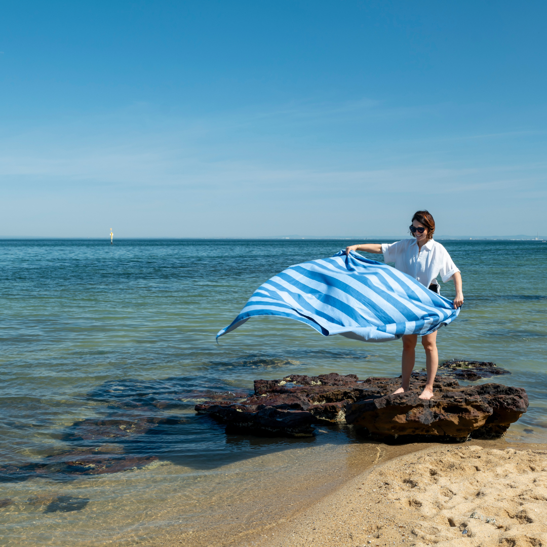 Sand Free Beach Towel for Two Blue on Blue Stripe Pure Zone