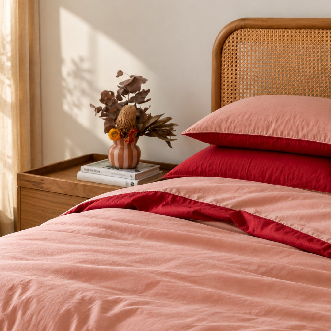 Vintage Cotton Reversible Quilt Cover Set - Clay and Rosewood